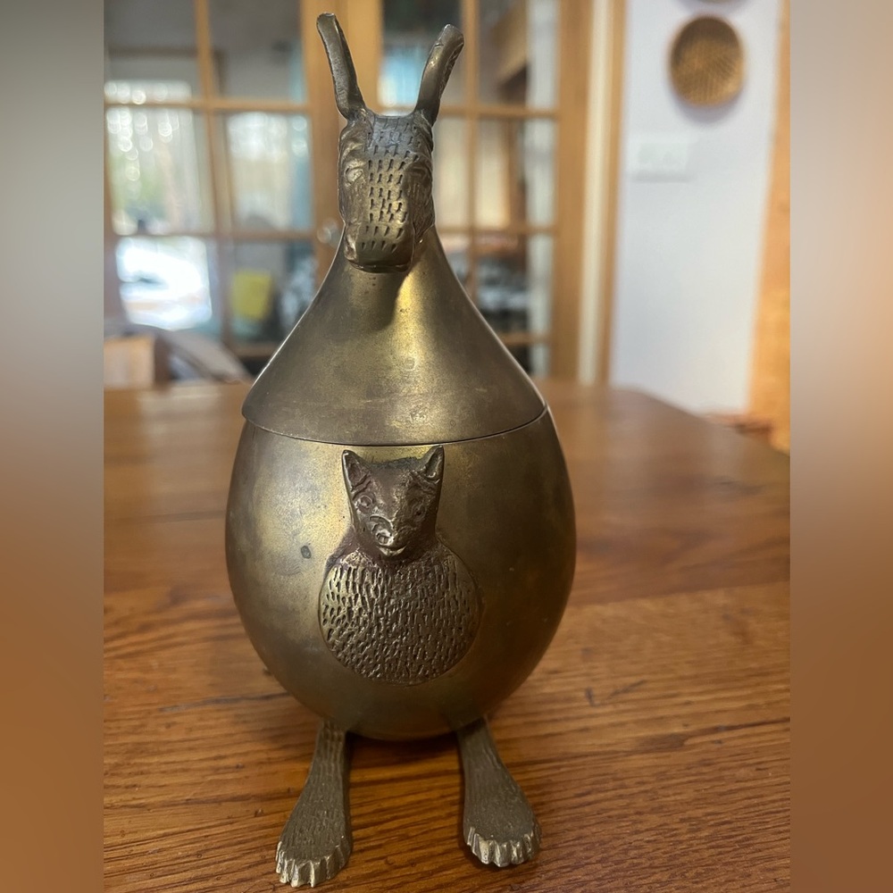 Vintage Brass Kangaroo w Joey Trinket Box Mid Century Lidded Container